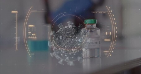 Animation of digital interface scanning covid 19 cells and vial of vaccine - Powered by Adobe