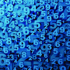 Abstract background with numbers. Digital collage in blue tones. Vector illustration of a set of numbers in a chaotic order arranged in layers. Banner poster.