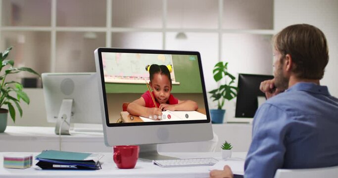 Caucasian male teacher using computer on video call with schoolgirl