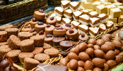 Delicious variety chocolate on the market counter