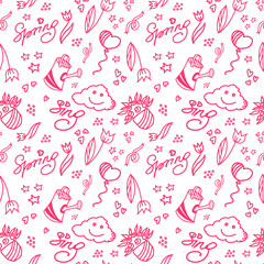 Vector seamless  spring pattern with doodle style hearts, stars, balloons, shadows, watering pot, flowers in pink color on white background. Cute design for paper, fabrics and other surfaces.