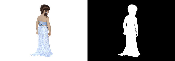 Girl in a long dress pose 01, each shot at an angle of 15 degrees. Template for collage in image processing software e.g. Photoshop etc. with a matching alpha mask. 3d rendering, 3d illustration.