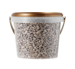 Sunflower seeds in plastic package on white background