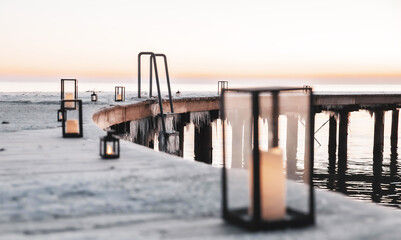The cold winter morning at the round pier in Denmark