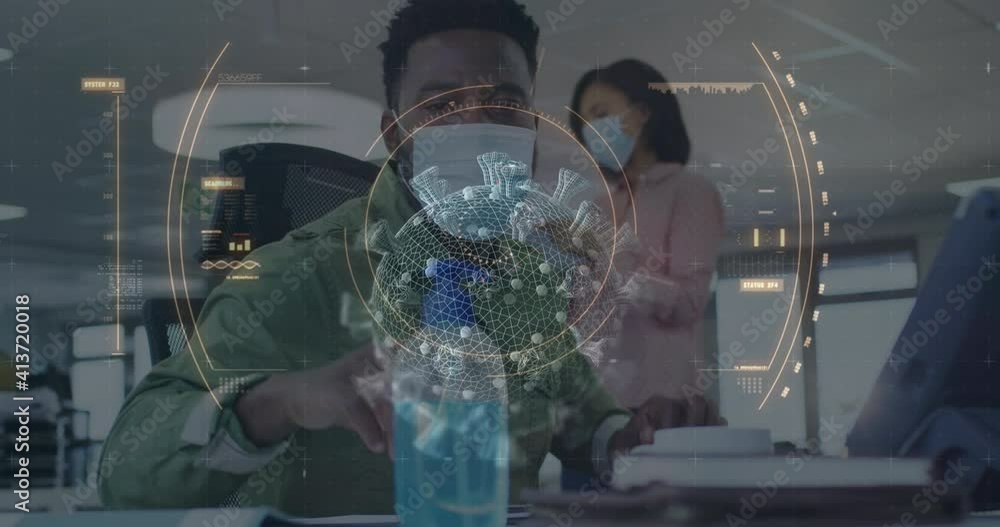 Poster animation of digital interface showing statistics with colleagues in office wearing face masks
