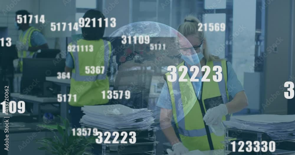 Poster animation of floating numbers and globe with colleagues in office wearing face masks