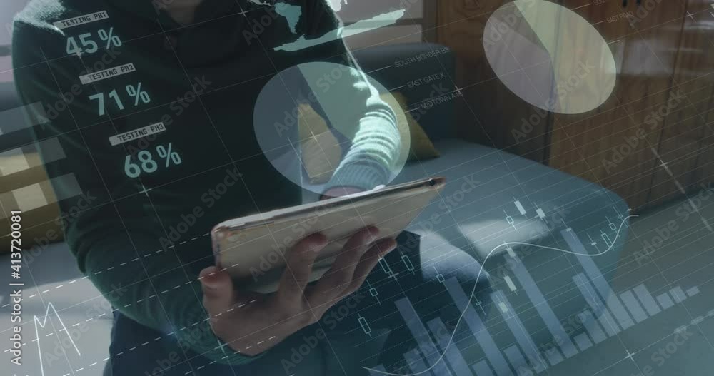 Poster animation of digital interface showing statistics with man using laptop in an office