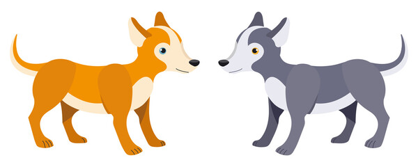 Two vector puppies  standing, shades of grey and orange. Cute dogs, husky like for children's textile, wrapping paper, books and design