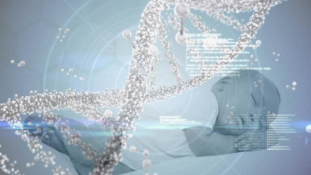 Animation of 3d dna strand spinning and data processing over sleeping baby