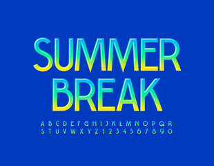Naklejka premium Vector Colorful Poster Summer Break. Glossy Slim Font. Bright Alphabet Letters and Numbers.