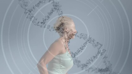 Animation of 3d dna strand spinning over scope scanning and woman running - Powered by Adobe