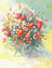 Fototapeta na wymiar Beautiful bouquet of flowers in a vase. Freshness of spring flowers. Watercolor background.
