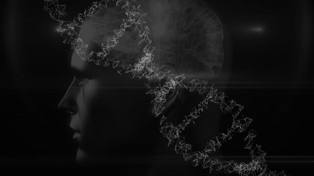 Animation of 3d dna strand spinning over human head