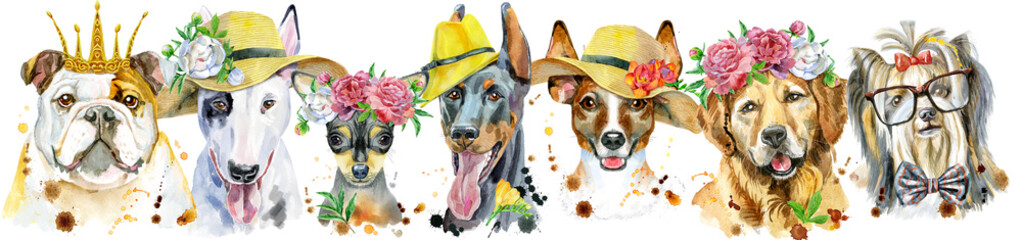 Border from watercolor portraits of dogs for decoration