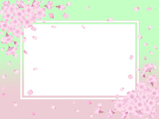 Fototapeta na wymiar 桜と花びらのフレーム－背景パステルグリーンとピンクのグラデーション 