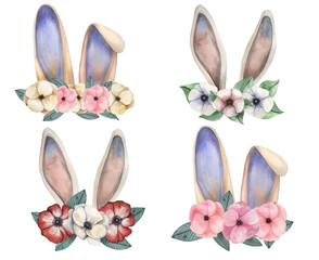 Cute easter nursery bunny ears set. Can be used as a template decoration, festival masks, children clothes. Floral watercolor wreaths with anemones for confectionary, baby shower, kids room.