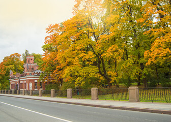 Autumn Park in Tsarskoye Selo. The road along the autumn trees and the Hermitage kitchen, Catherine...