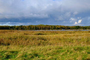 Obraz premium Lichtstimmung am Abend bei Zarrenzin mit Blick zur Insel Bock im Nationalpark Vorpommersche Boddenlandschaft, Mecklenburg Vorpommern, Deutschland