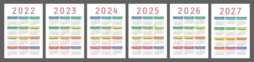 Calendar 2022, 2023, 2024, 2025, 2026 and 2027 year set. Vector pocket calender template collection. January, February, March, April, May, June, July, August, September, October, November, December - obrazy, fototapety, plakaty