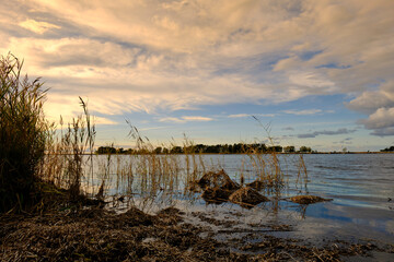 Lichtstimmung am Abend bei Zarrenzin mit Blick zur Insel Bock im Nationalpark Vorpommersche Boddenlandschaft, Mecklenburg Vorpommern, Deutschland