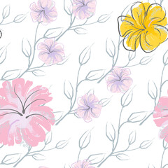 Pink Flowers Blooming Pattern. Pastel Watercolor.