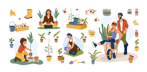 Set of people gardening at spring time with equipment and tools. Gardener woman planting tree and watering flower. Flat cartoon isolated vector illustration.