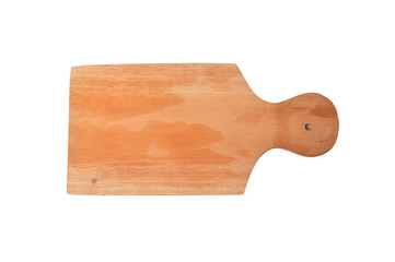 Top view of wooden chopping board isolated on a white background.