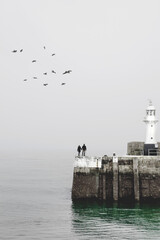 Pionowe ujęcie romantycznej pary spacerującej nad morzem po nabrzeżu z latarnią, ptaki w tle - obrazy, fototapety, plakaty
