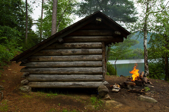 Campfire by log cabin in forest