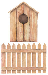 wooden fence and birdhouse, garden, watercolor