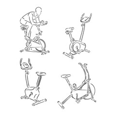 Man training on exercise bike vector sketch icon isolated on background. Hand drawn Man training on exercise bike icon. Man training on exercise bike sketch icon for infographic, website or app