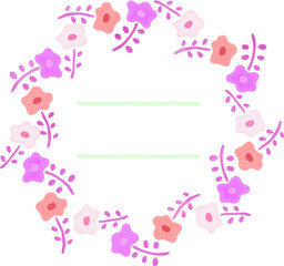 水彩タッチの北欧風花の丸型フレームイラスト_ピンク