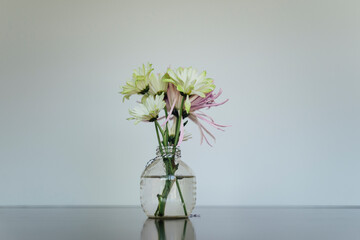 Close-up of flowers in jar on table against wall