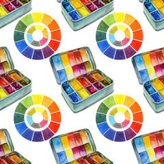 Seamless pattern color science box watercolor multicolor paints and colorful circle on white. Artist palette. Hand-drawn background for sketchbook, coloring book, wrapping, postcard, wallpaper