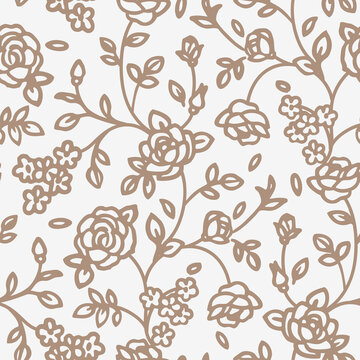 Seamless pattern with abstract garden roses, with stems, buds and leaves silhouette. Background with blossoming brown outline flowers. Vintage floral hand drawn wallpaper. Vector stock illustration.