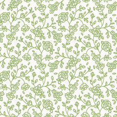 Seamless pattern with abstract garden roses, with stems, buds and leaves silhouette. White background with blossoming green outline flowers. Vintage floral hand drawn wallpaper. Vector  illustration.