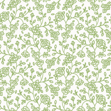 Seamless pattern with abstract garden roses, with stems, buds and leaves silhouette. White background with blossoming green outline flowers. Vintage floral hand drawn wallpaper. Vector  illustration.