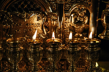 Close-up of illuminated candles in menorah during Chanukah