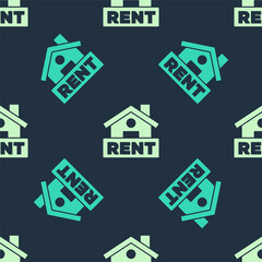 Green and beige Hanging sign with text Rent icon isolated seamless pattern on blue background. Signboard with text For Rent. Vector.