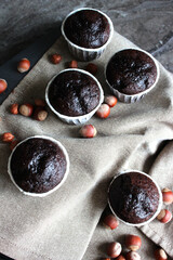 Chocolate muffins in a white baking dish