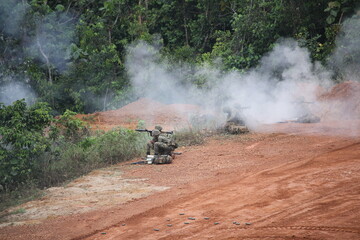 Kuala Lumpur, Malaysia, circa 2016. Malaysian Army tanks and vehicles during annually fire power demonstration.