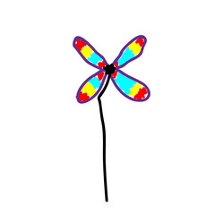 Toy windmill propeller or pinwheel in a deliberately childish style. Imitation child drawing. Kid sketch, painting felt-tip pen or marker. Kid painted handmade by birthday. Vector illustration
