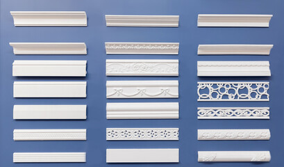 Set wood molding ceiling and floor skirting board on isolated blue background