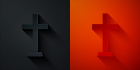 Paper cut Christian cross icon isolated on black and red background. Church cross. Paper art style. Vector.