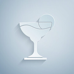 Paper cut Margarita cocktail glass with lime icon isolated on grey background. Paper art style. Vector.