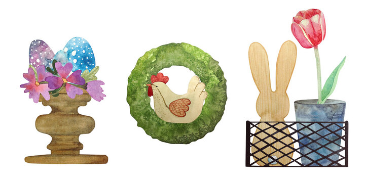 Set of watercolor clip arts with Easter decor isolated on a white background: eggs in spots on a vintage stand, a decorative chicken on a wreath of moss, a barn rabbit and a tulip in a pot and in a me