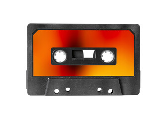 Obraz premium An old vintage cassette tape from the 1980s (obsolete music technology), with blurred fire flames as a label. 
