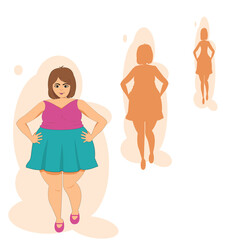 Cartoon front side view of cute Fat woman wearing pink sleeveless shirt and green short skirt Standing  to slim shape in 3 step brown silhouette.Vector illustration flat design concept for healthy.