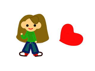 The childish sketch of a cute girl and the shape of a heart. Isolated on white.
