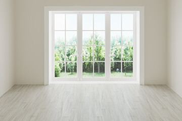Obraz na płótnie Canvas White empty room with summer landscape in window.